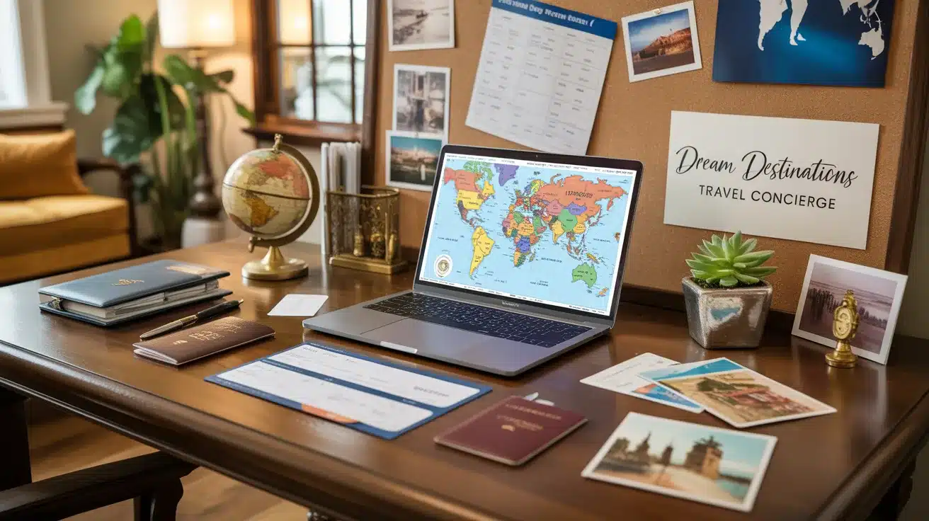 Organized travel concierge desk with laptop, globe, passport, and postcards.