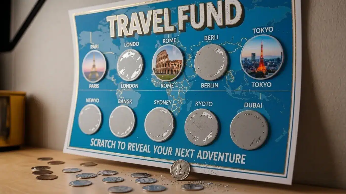 cratch-off travel fund poster with marked cities and coins nearby.