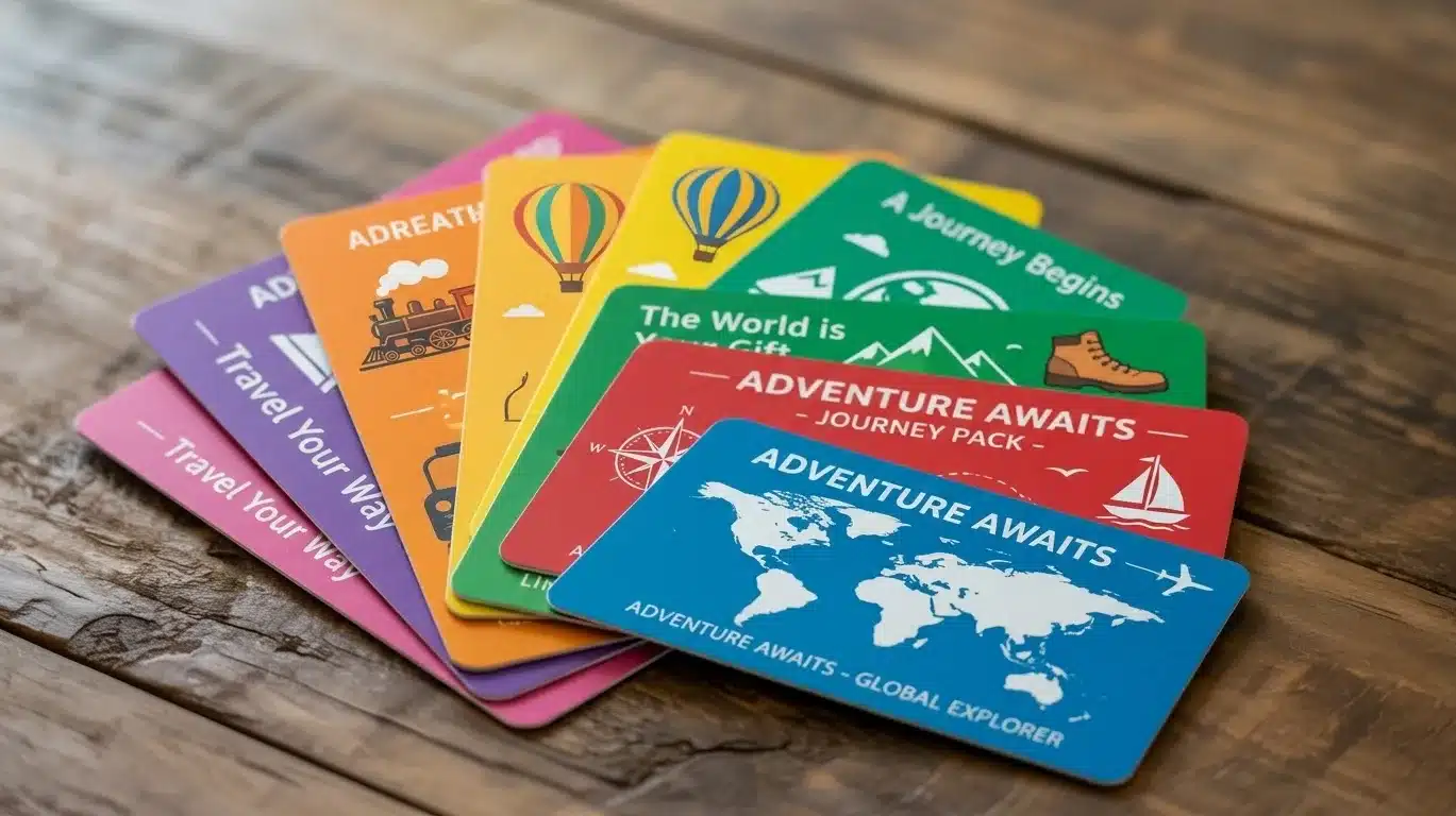 Colorful travel gift cards stacked, featuring maps, hot air balloons, and adventure icons.