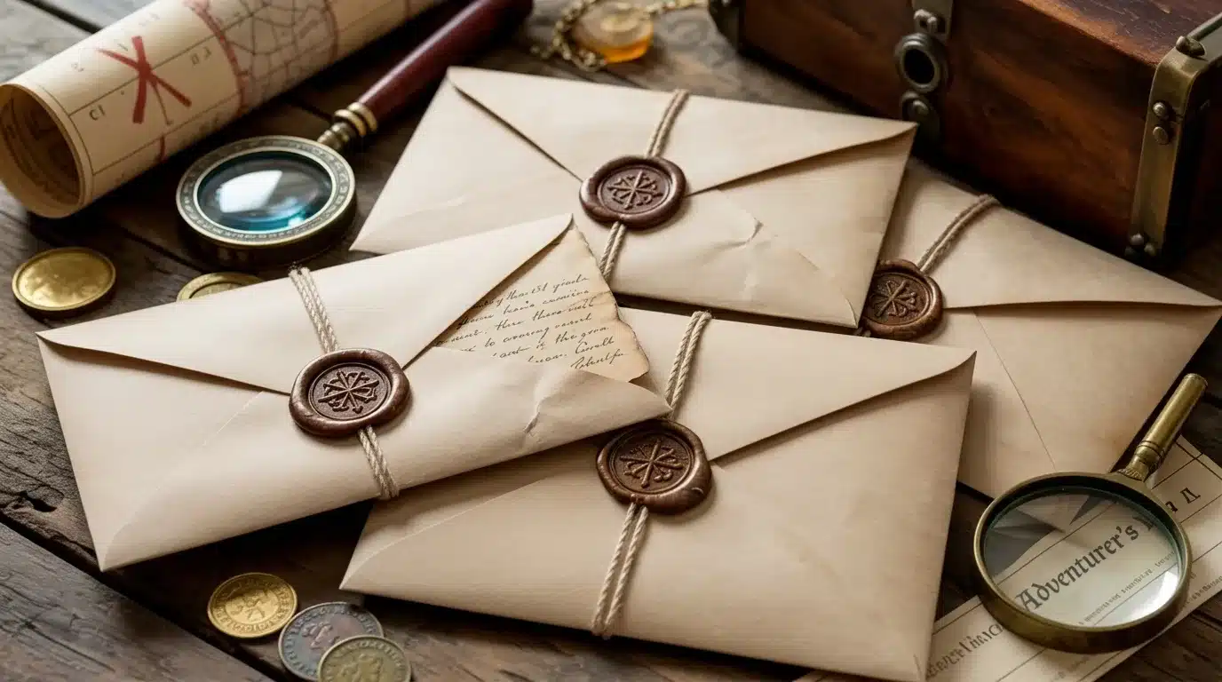 Vintage treasure hunt setup with envelopes, magnifying glass, coins, and a rolled map.