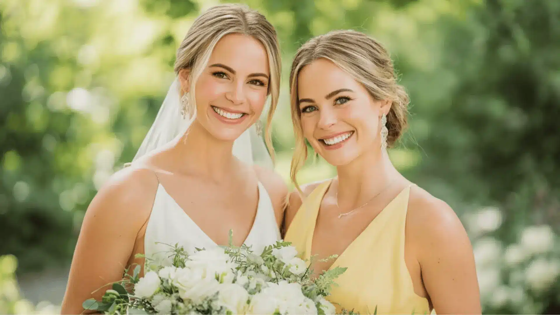 two women in a joyful wedding moment, one in a white gown with veil and the other in a yellow dress, posing for a picture