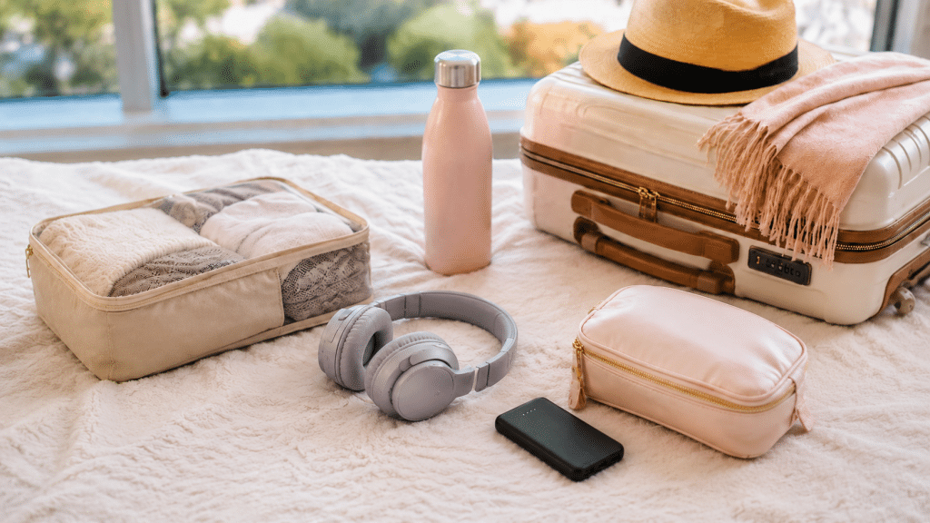 Cozy travel essentials on a bed including suitcase, headphones, toiletries, water bottle, and scarf in soft natural light.