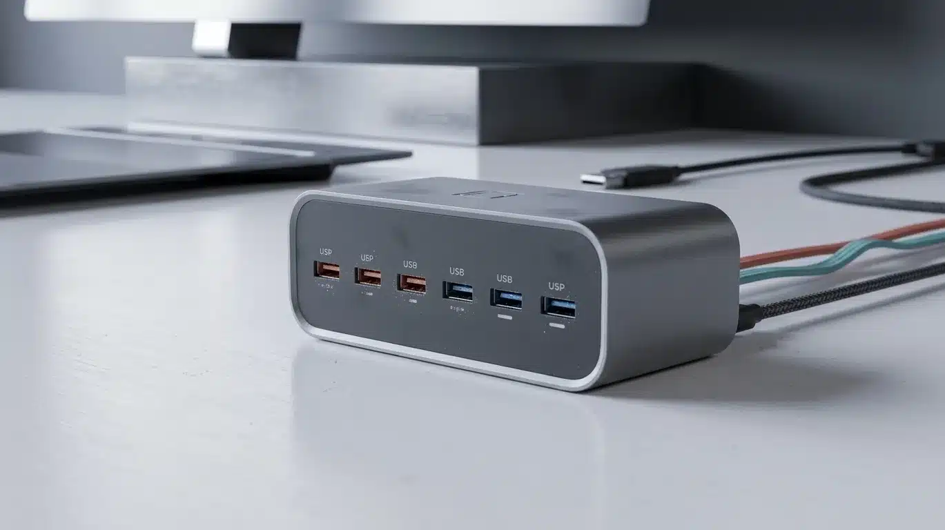 Multi-port USB charger on a white desk with connected cables.