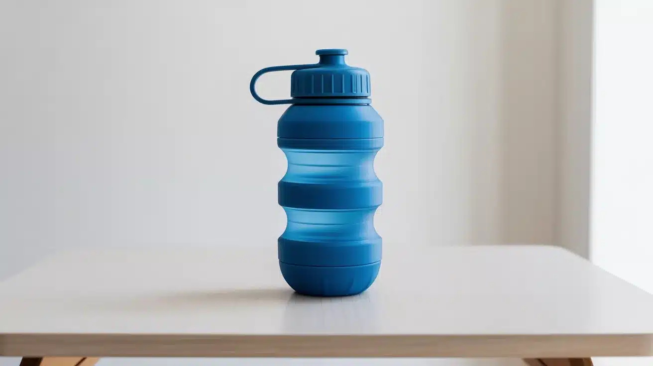 Blue collapsible water bottle on a light wooden table.