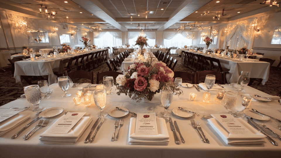 wedding reception tables with place cards and complete seating arrangement