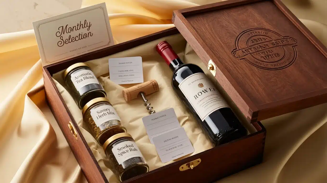 Wooden gift box with wine bottle, spices, and tea jars neatly arranged inside.