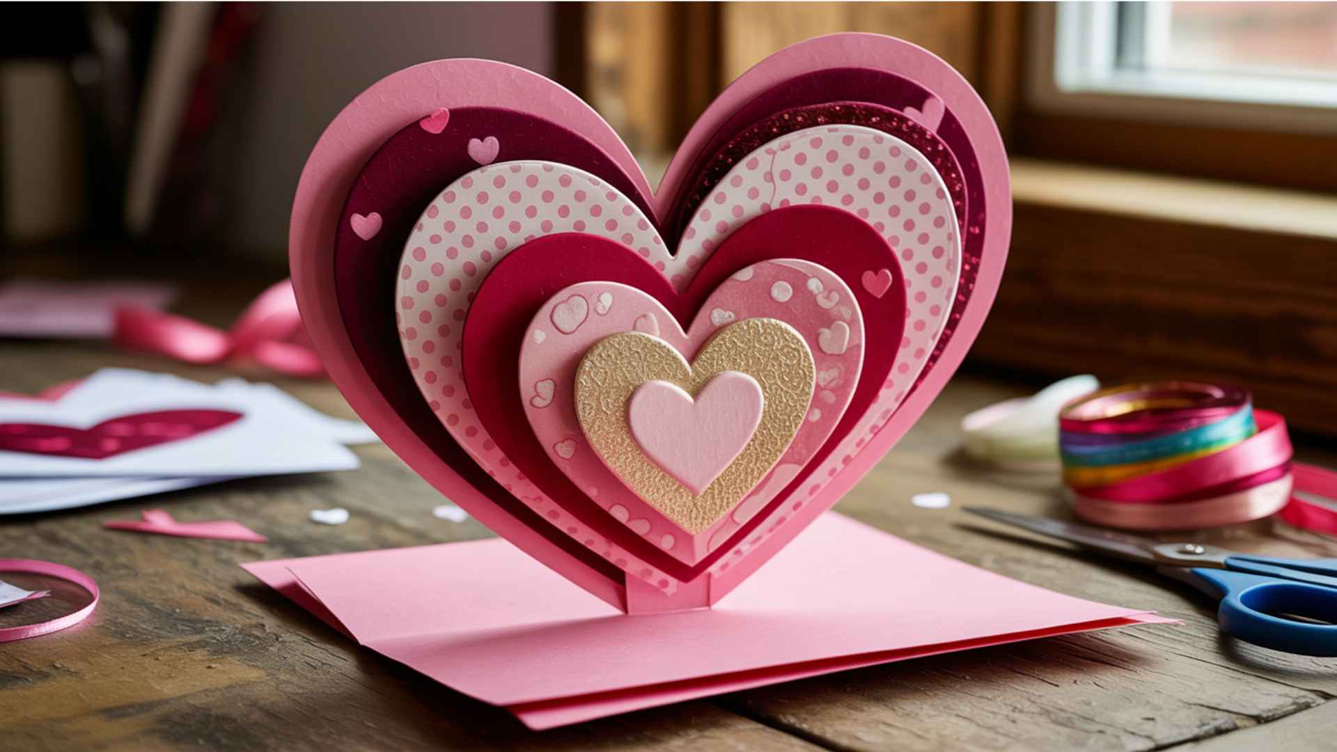 DIY Valentine’s card with layered hearts lifted with foam pads creating a dimensional effect.