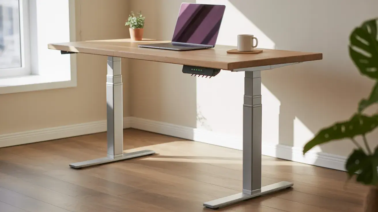 Adjustable standing desk with a wooden top and metal frame, set up with a laptop, mug, and small plant in a bright room