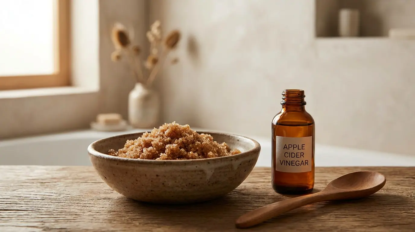 Apple cider vinegar and brown sugar mixed in a bowl for a DIY scalp scrub for product buildup