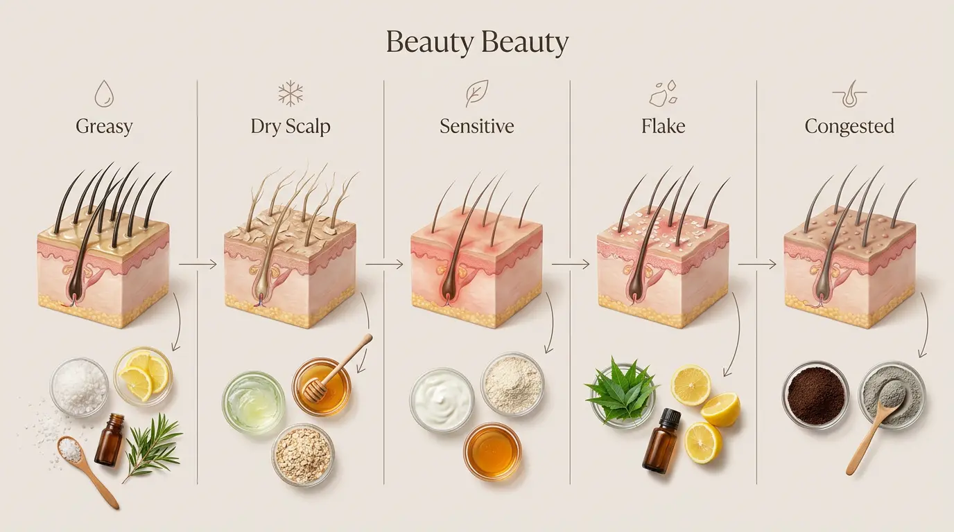 Infographic showing five scalp types with matching DIY scalp scrub ingredients including sea salt, brown sugar, oatmeal, tea tree oil, and aloe vera