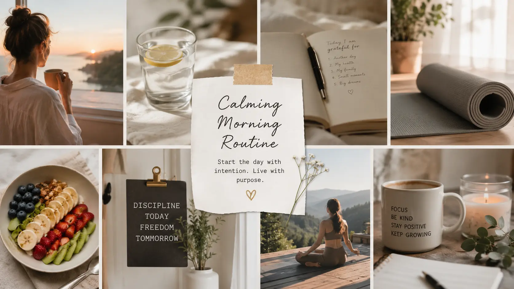 Calming morning routine vision board with tea, journal, and soft sunlight