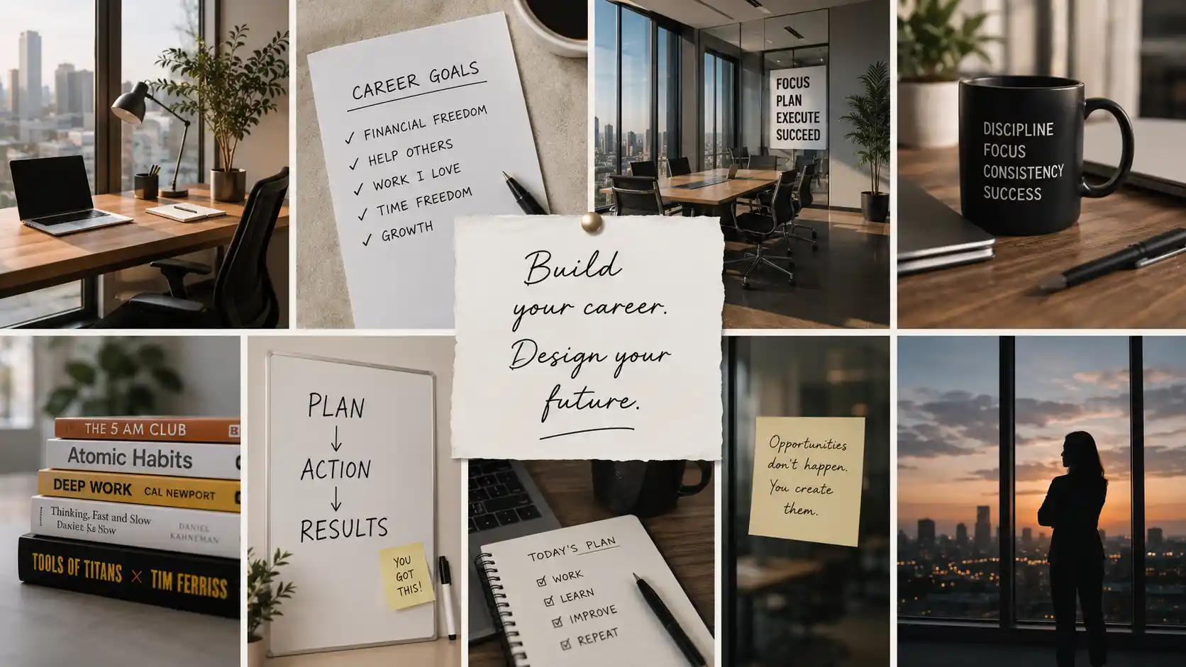 Career vision board showing a clean desk with laptop, planner, and goal notes