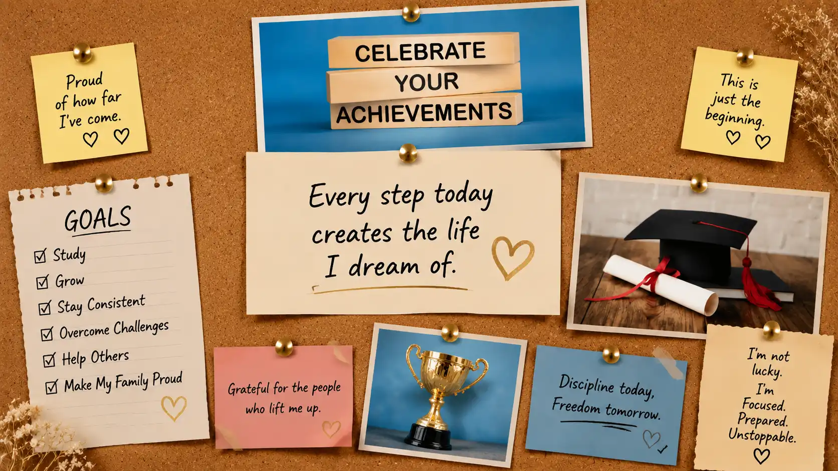 Achievement vision board with award ceremony, and completed checklist