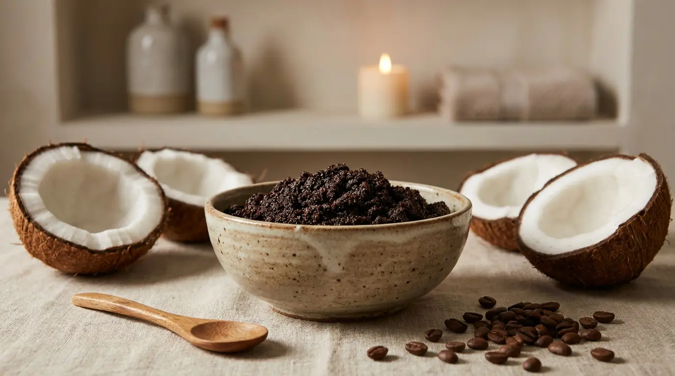 Coffee grounds and coconut oil mixed in a small bowl for a DIY detox scalp scrub to remove product buildup