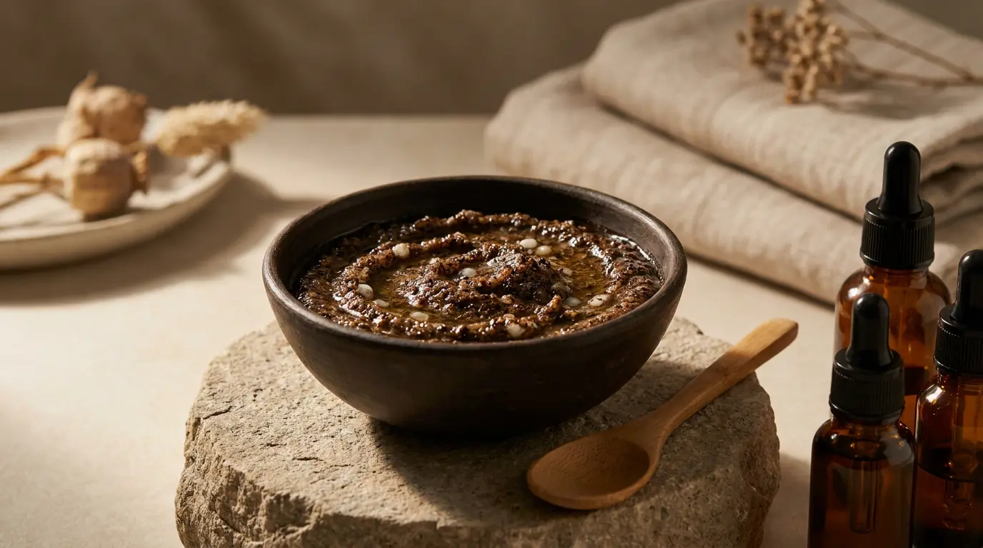 Coffee grounds, coconut oil, and castor oil for a DIY coffee scalp scrub to support hair growth
