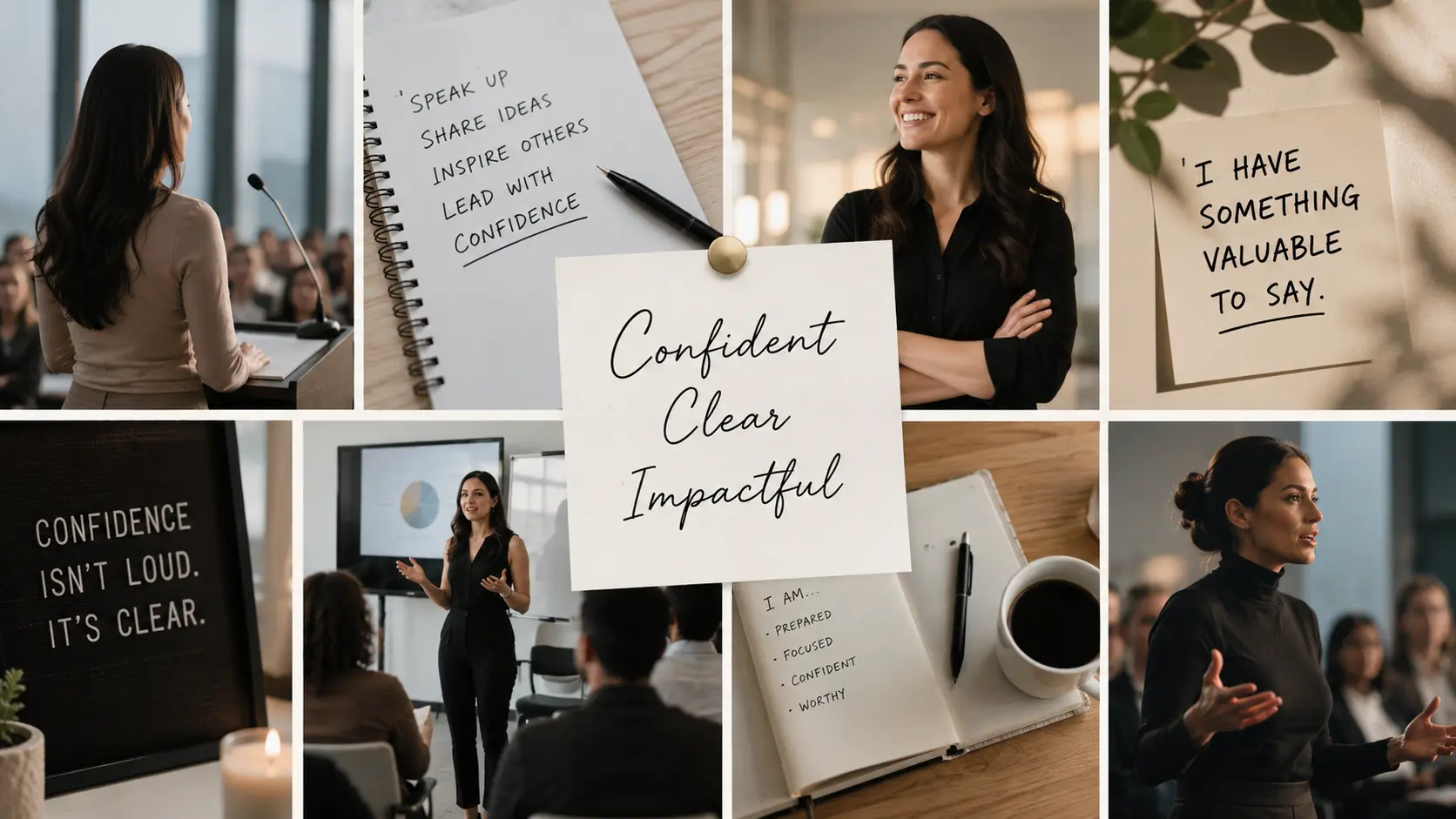 Confidence vision board showing a person speaking at a podium with spotlight