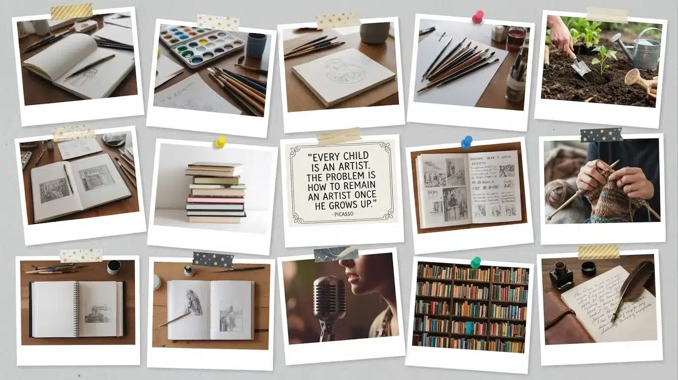 Creative vision board with sketchbooks, paint brushes, and books on a wooden desk