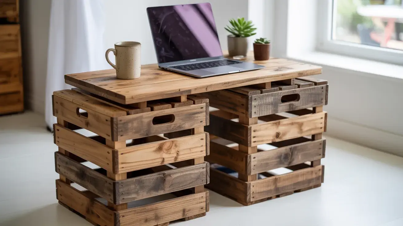 DIY standing desk made from stacked wooden crates and a plank top, holding a laptop, mug, and small plants