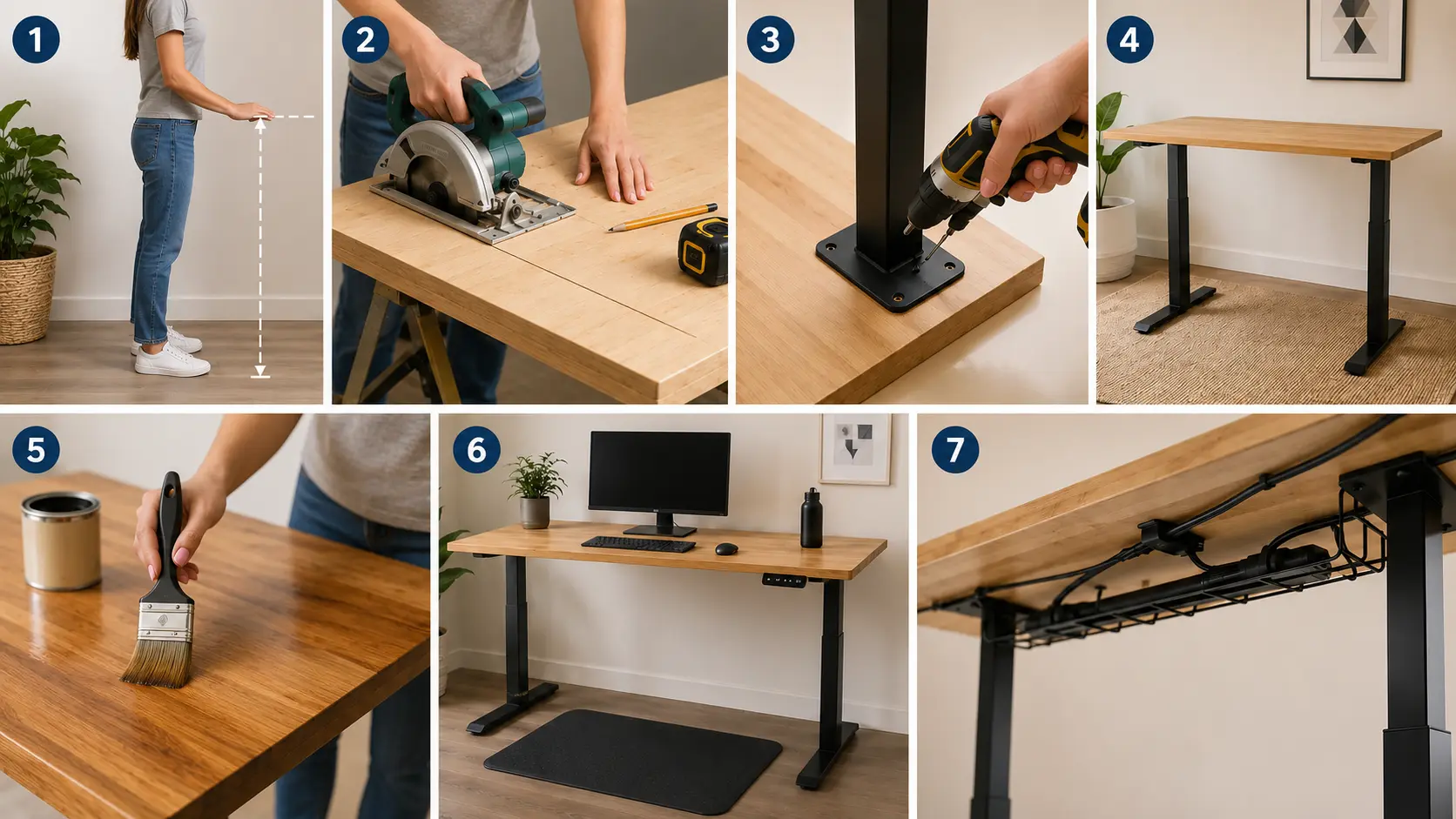 DIY standing desk setup showing step-by-step building process with measuring, assembling, finishing, ergonomic setup, and cable management