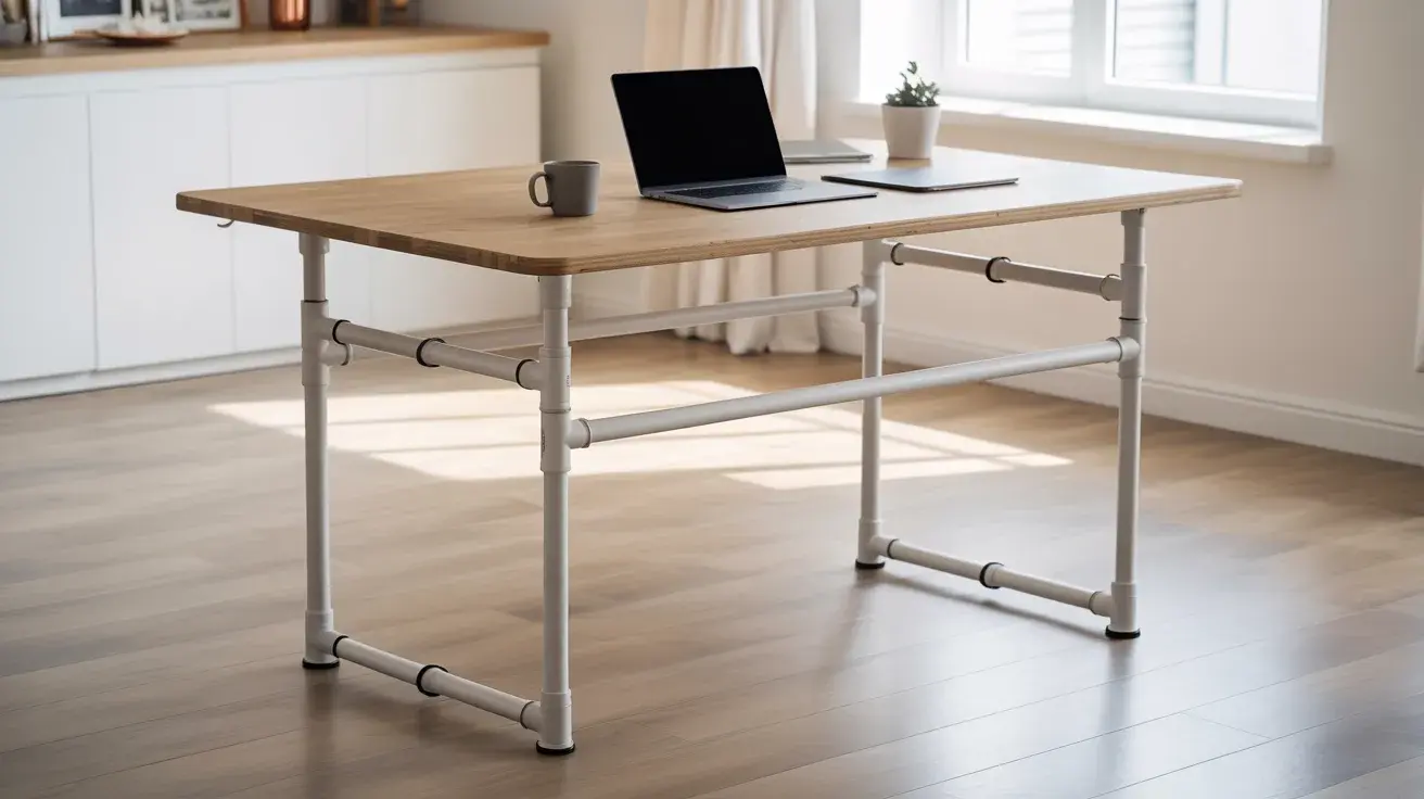 DIY standing desk with a wooden top and white pipe frame, set up with a laptop and mug in a bright home workspace