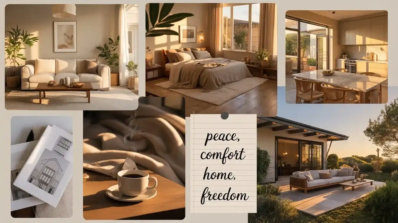 Dream home vision board with natural wood tones, large windows, and cozy decor