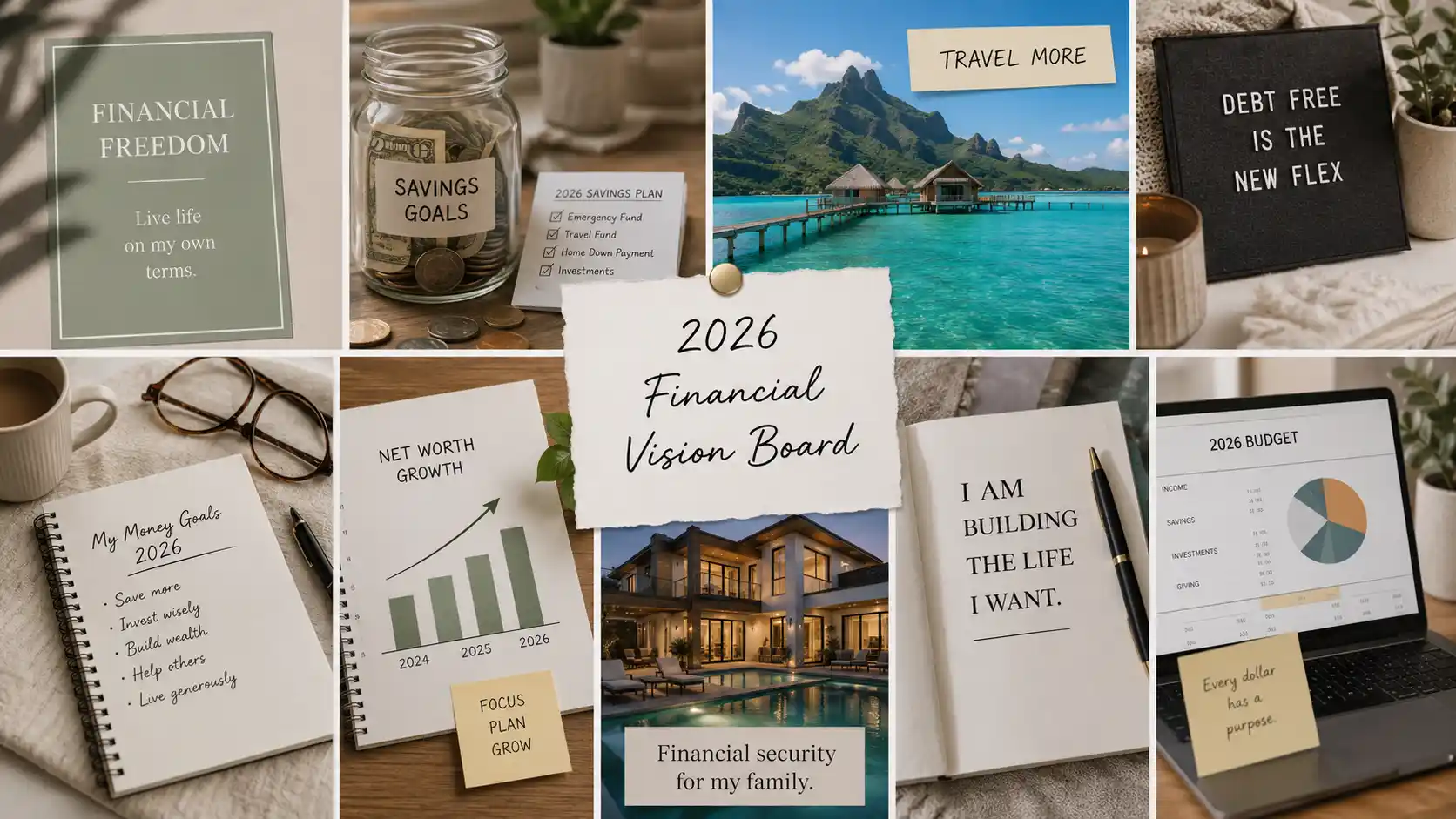 Financial milestones vision board with savings chart, budget planner, and coins