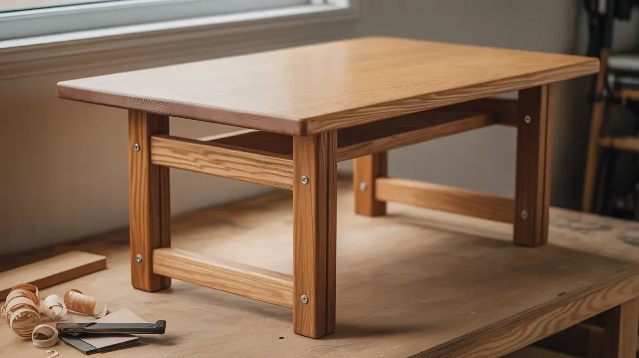 Finished DIY standing desk with a simple wooden frame and smooth tabletop placed on a workbench