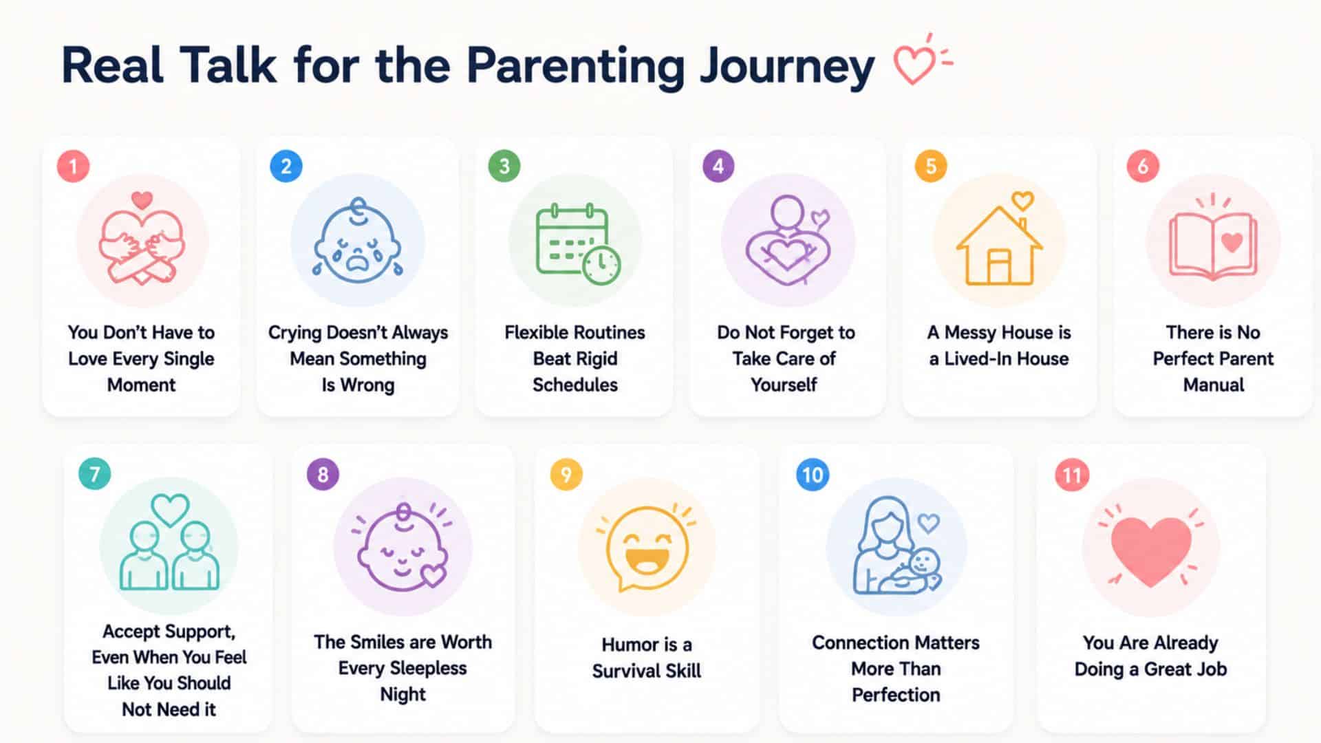 Gentle parenting tips with numbered pastel icons and concise text under the heading "Real Talk for the Parenting Journey