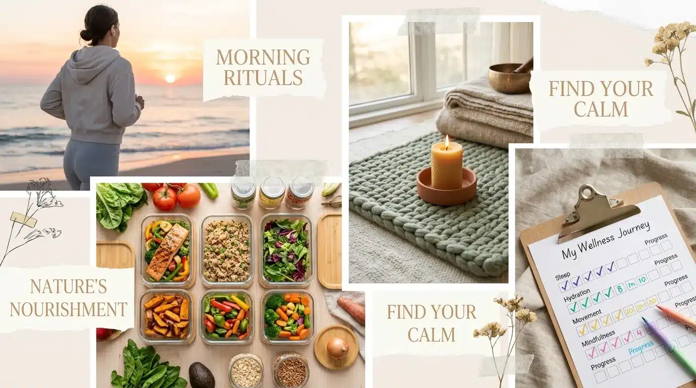 Health and wellness vision board with morning run, meal prep, and meditation corner