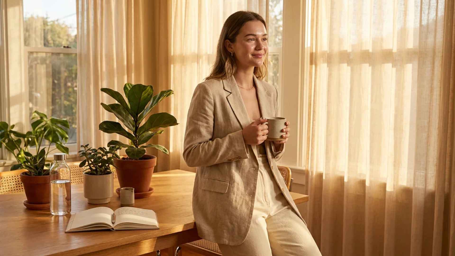 Young woman in beige suit smiles while holding a mug by a sunny window, with plants and an open book on the table.
