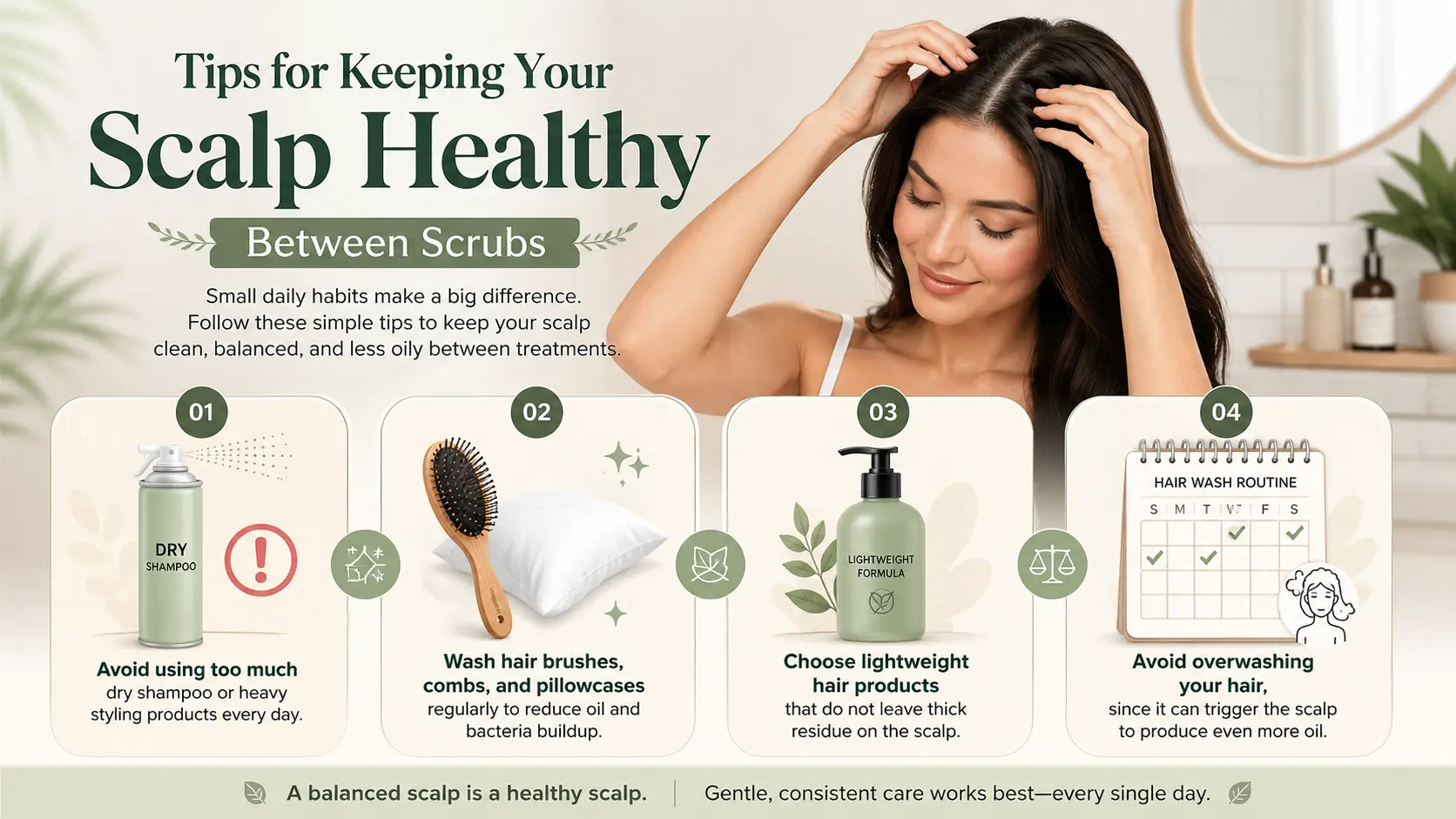 Infographic showing daily habits for maintaining a healthy scalp between scalp scrubs