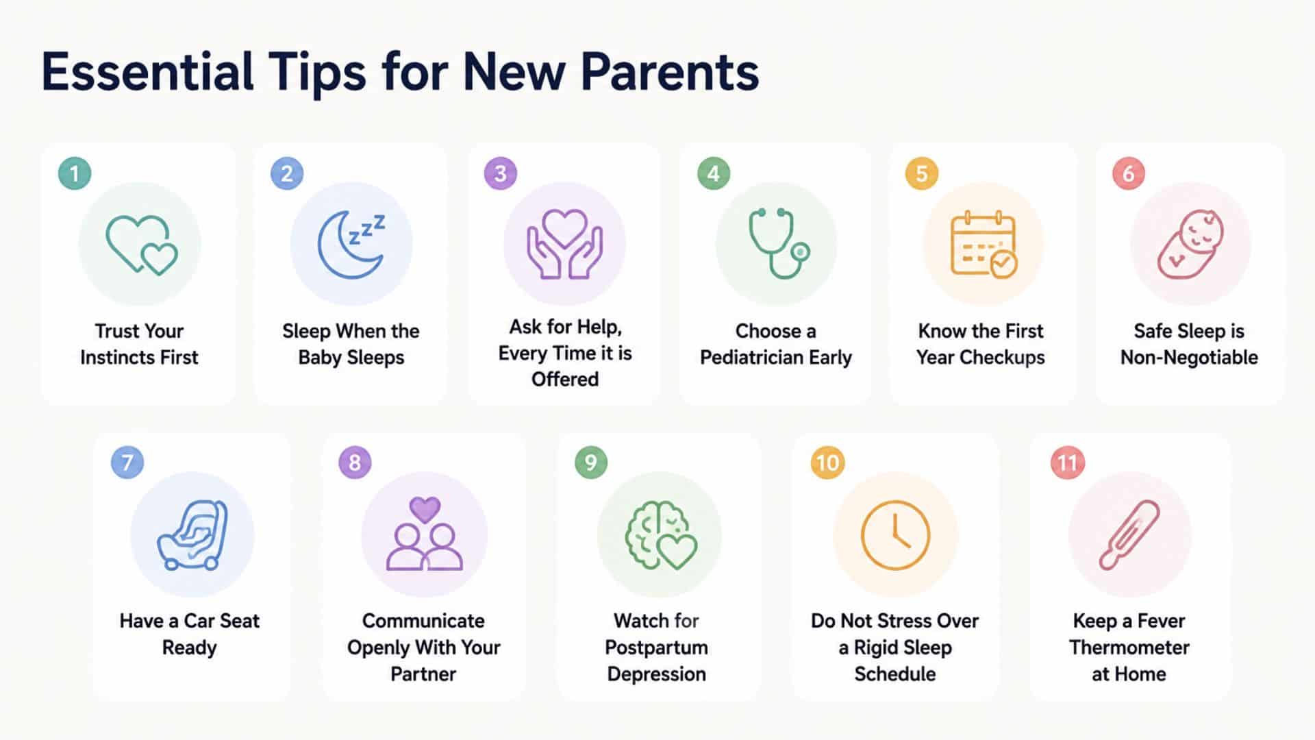 Infographic showing essential tips for new parents with numbered icons and minimal text on a light background