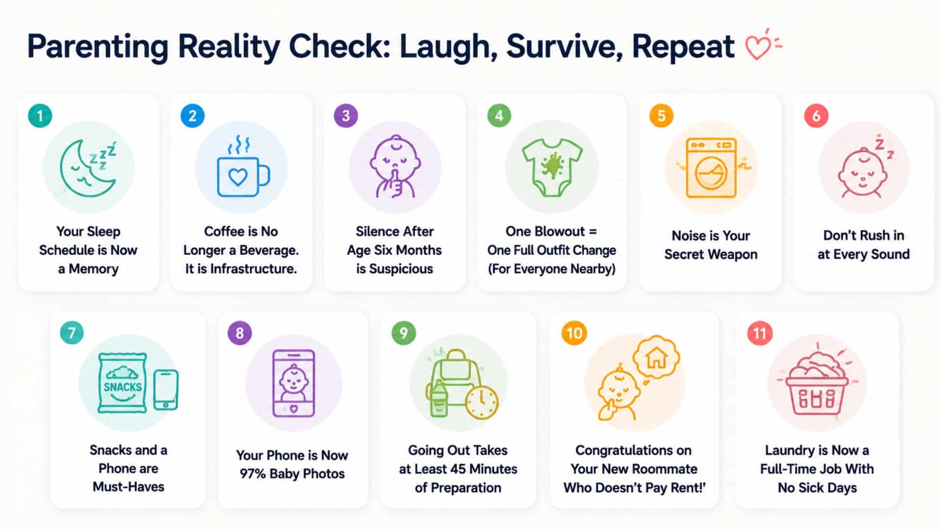 Infographic with humorous parenting tips with numbered pastel icons and concise text on a light background