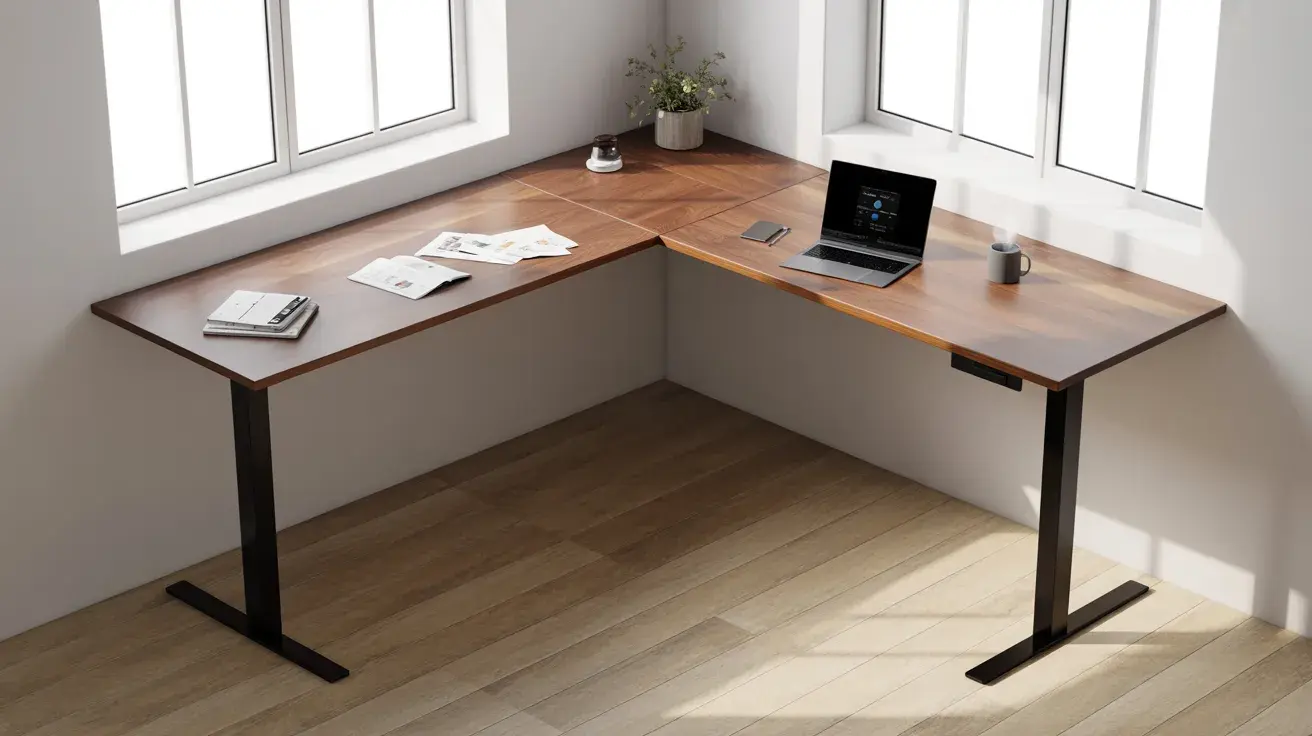 L-shaped standing desk with a wooden top and metal legs, set up with a laptop and work essentials