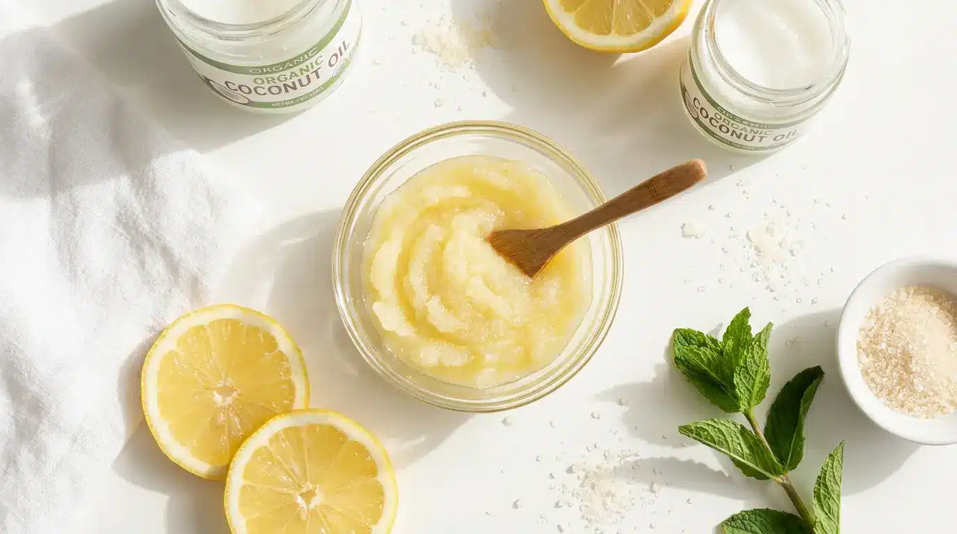 Fresh lemon, white sugar, and coconut oil arranged for a DIY lemon and sugar scalp scrub recipe