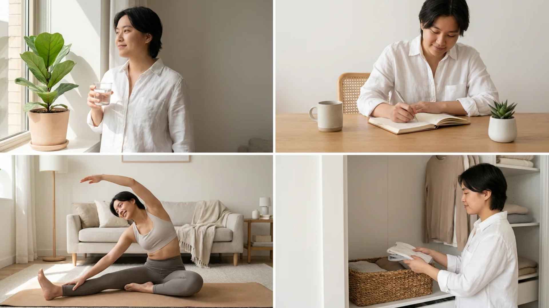 Four-panel collage of a woman practicing wellness: drinking water, journaling, doing yoga, and organizing clothes