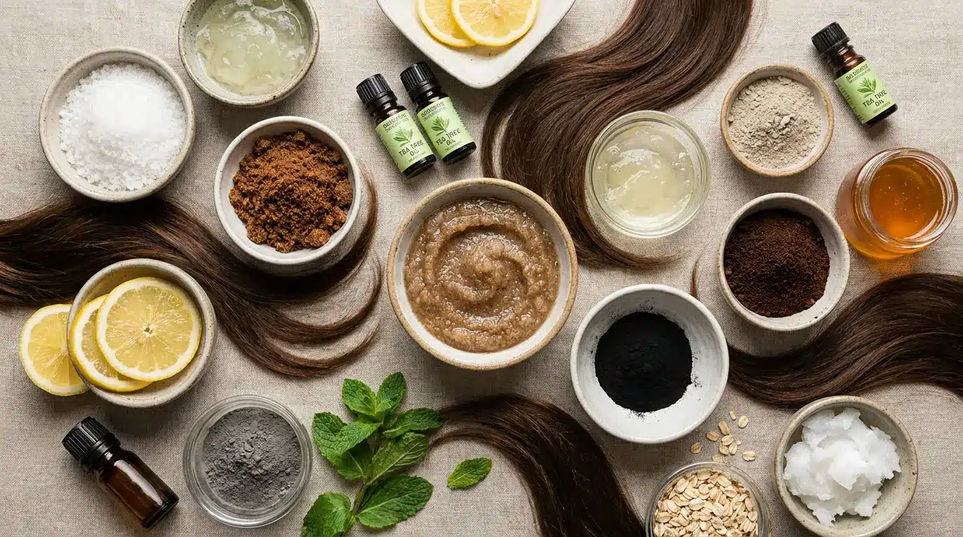 Luxury flat lay of DIY scalp scrubs and natural hair care ingredients