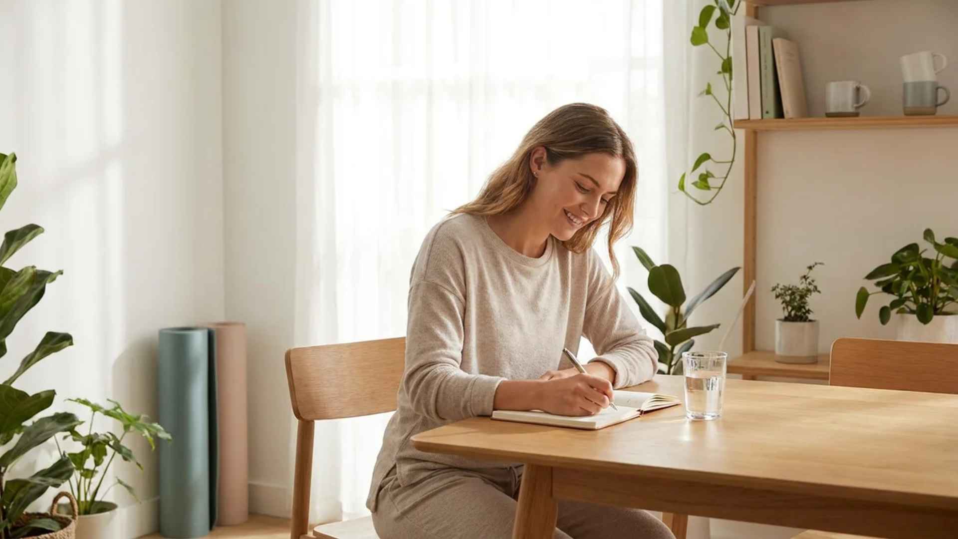 Woman writing in a notebook at a sunlit table with plants, practicing daily lifestyle habits.