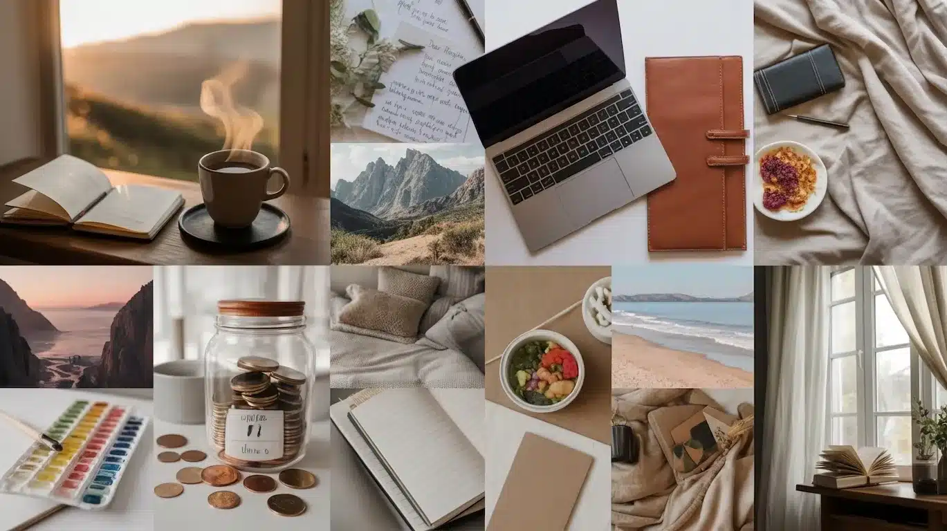 Minimal vision board collage with travel, wellness, career, home, and lifestyle goals.