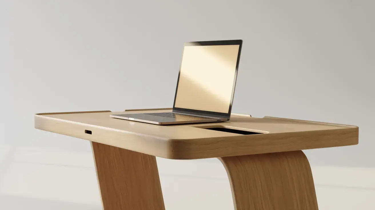 Minimal wooden standing desk with a built-in slot design, holding an open laptop on a clean background