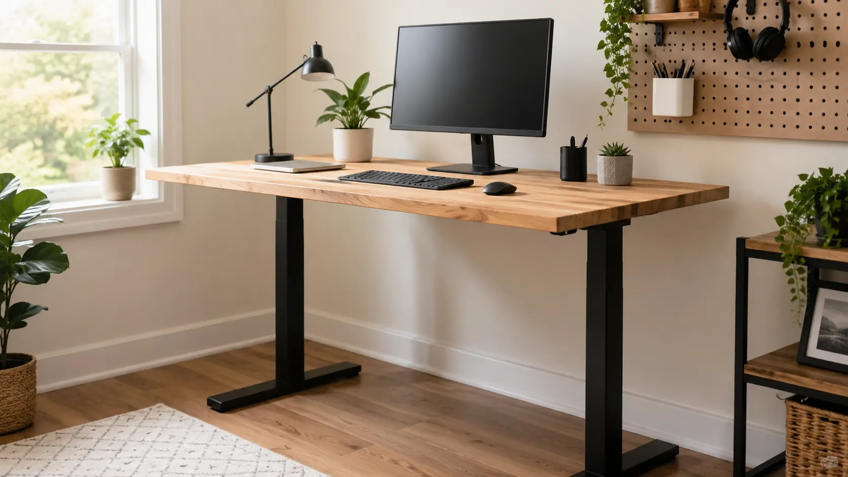 Modern DIY standing desk setup in a bright home office with a wood tabletop, black frame, and clean workspace design