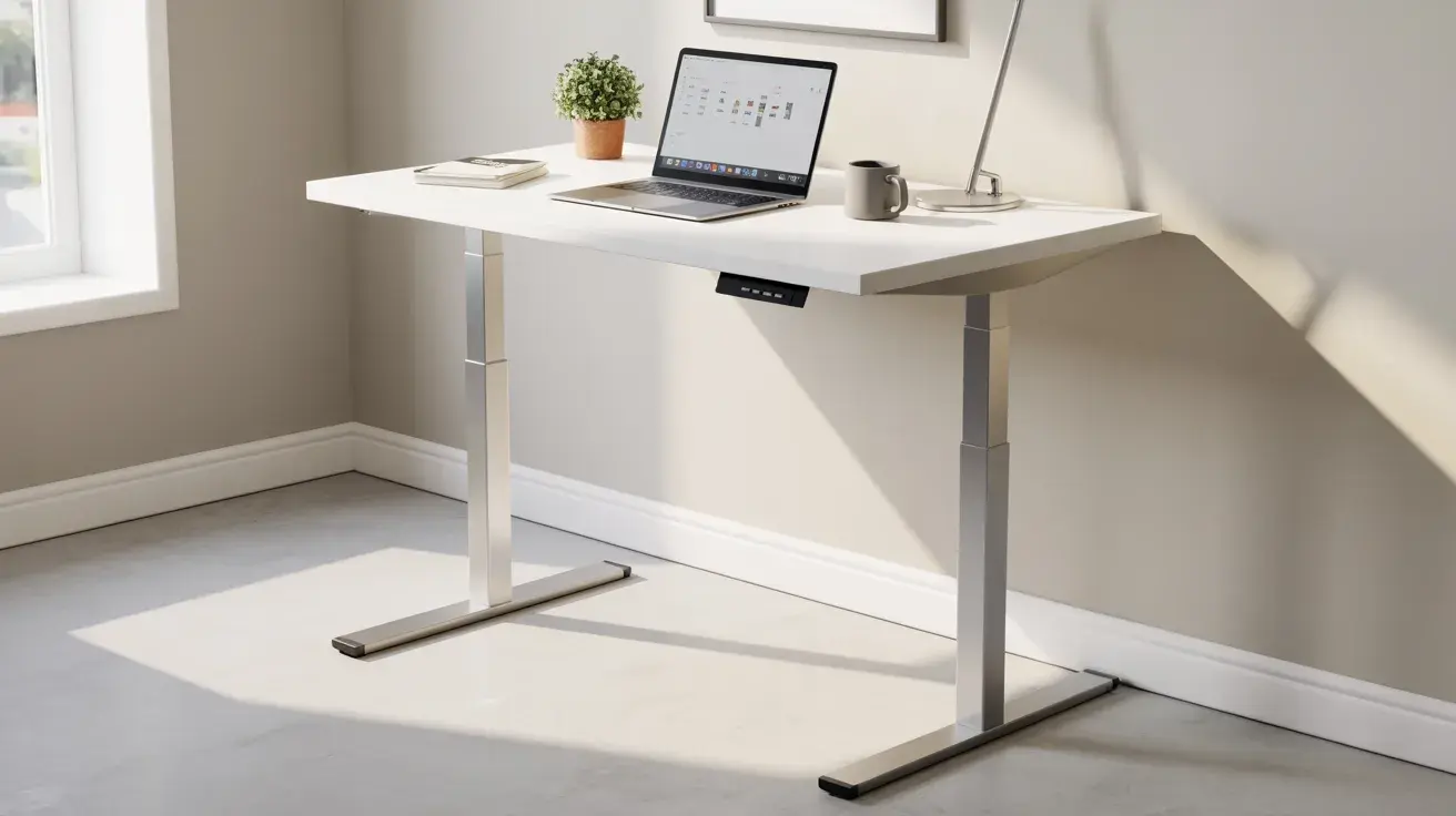 Modern adjustable standing desk with a white top and metal legs, set up with a laptop, lamp, and small plant in a clean workspace