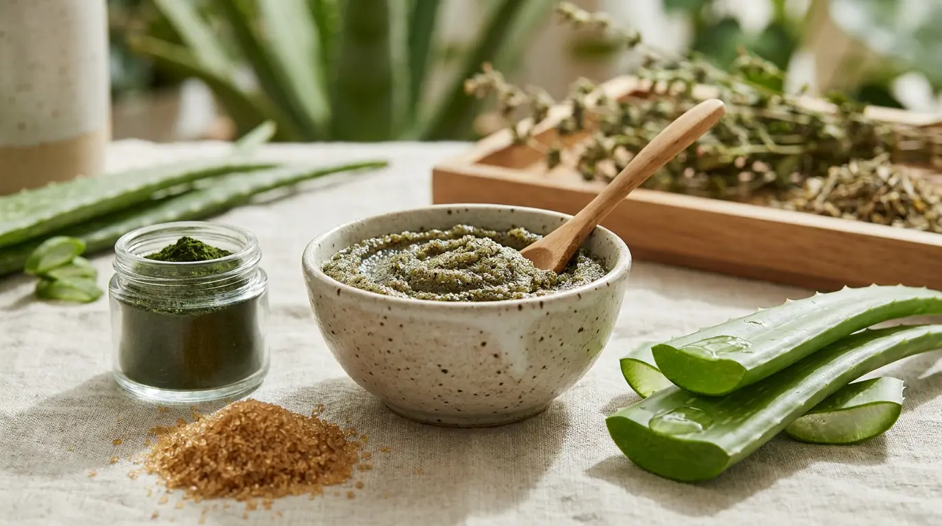 Neem powder and aloe vera gel in a bowl for a DIY Ayurvedic scalp scrub for sensitive or flaky scalp