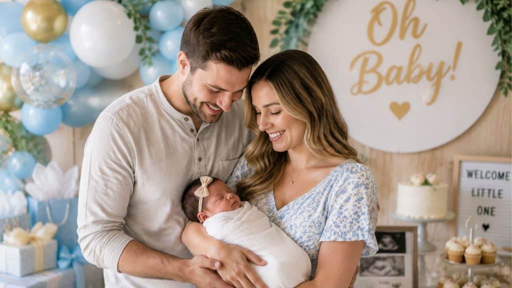 Parents holding their newborn in a warmly decorated indoor baby shower setting with pastel balloons