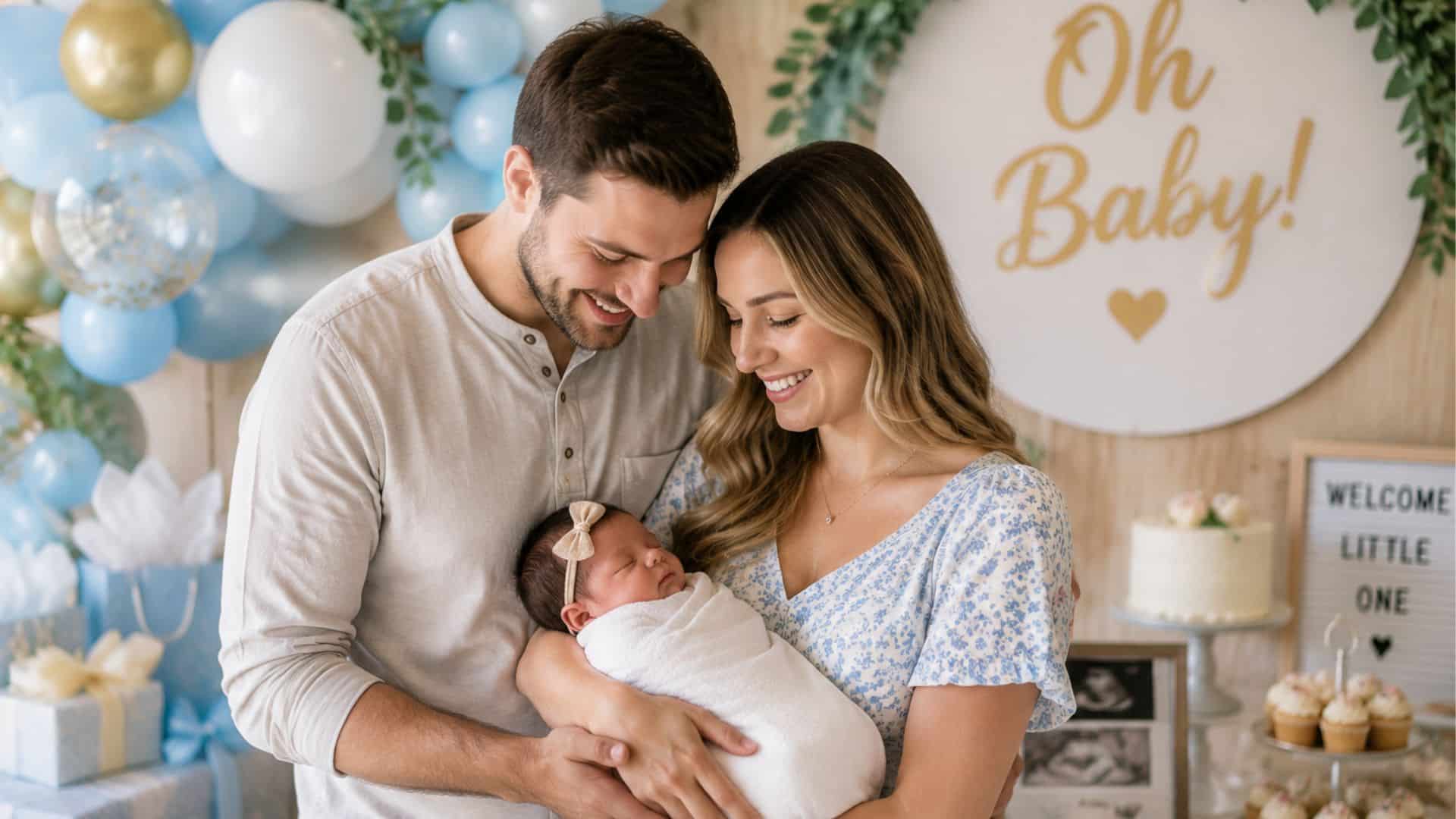 Parents holding their newborn in a warmly decorated indoor baby shower setting with pastel balloons