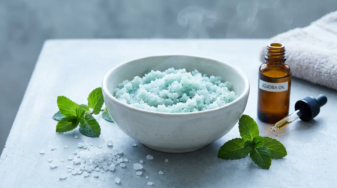 Peppermint and sea salt scalp scrub with cooling spa aesthetic