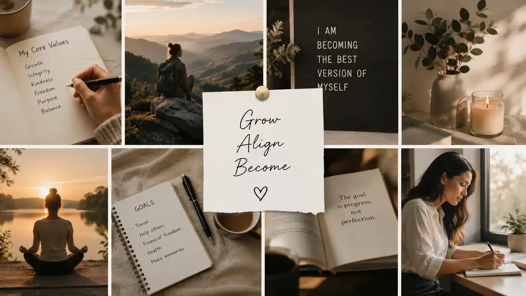 Personal growth vision board with watercolor symbols and handwritten words