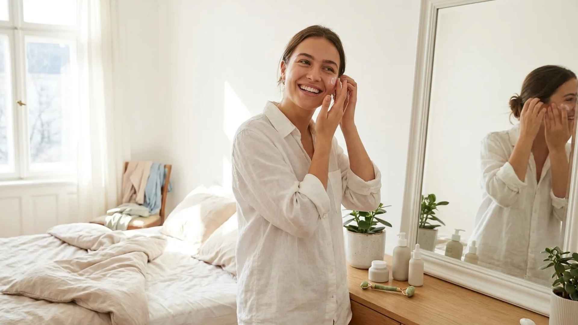 Woman applying moisturizer in front of a mirror in a bright, minimal bedroom with skincare products.