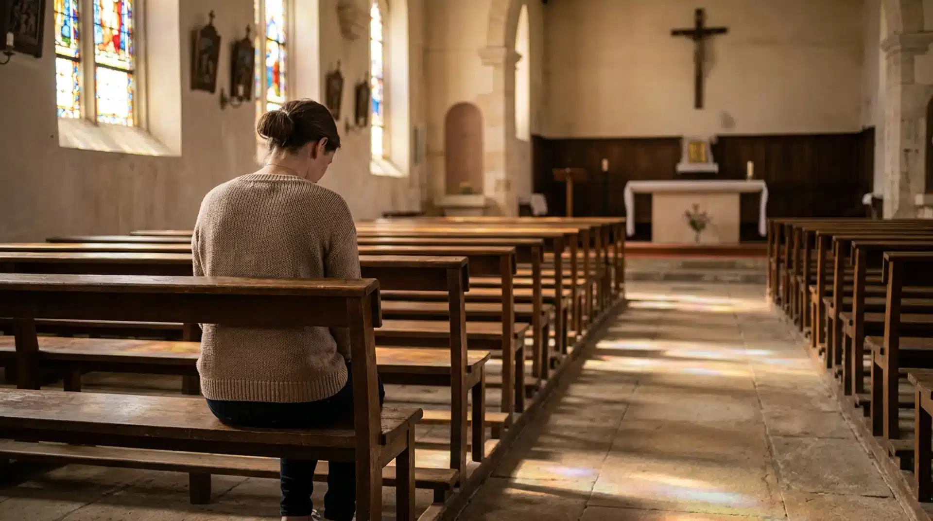 Woman sitting alone in a church pew praying quietly for healing and peace in her marriage.