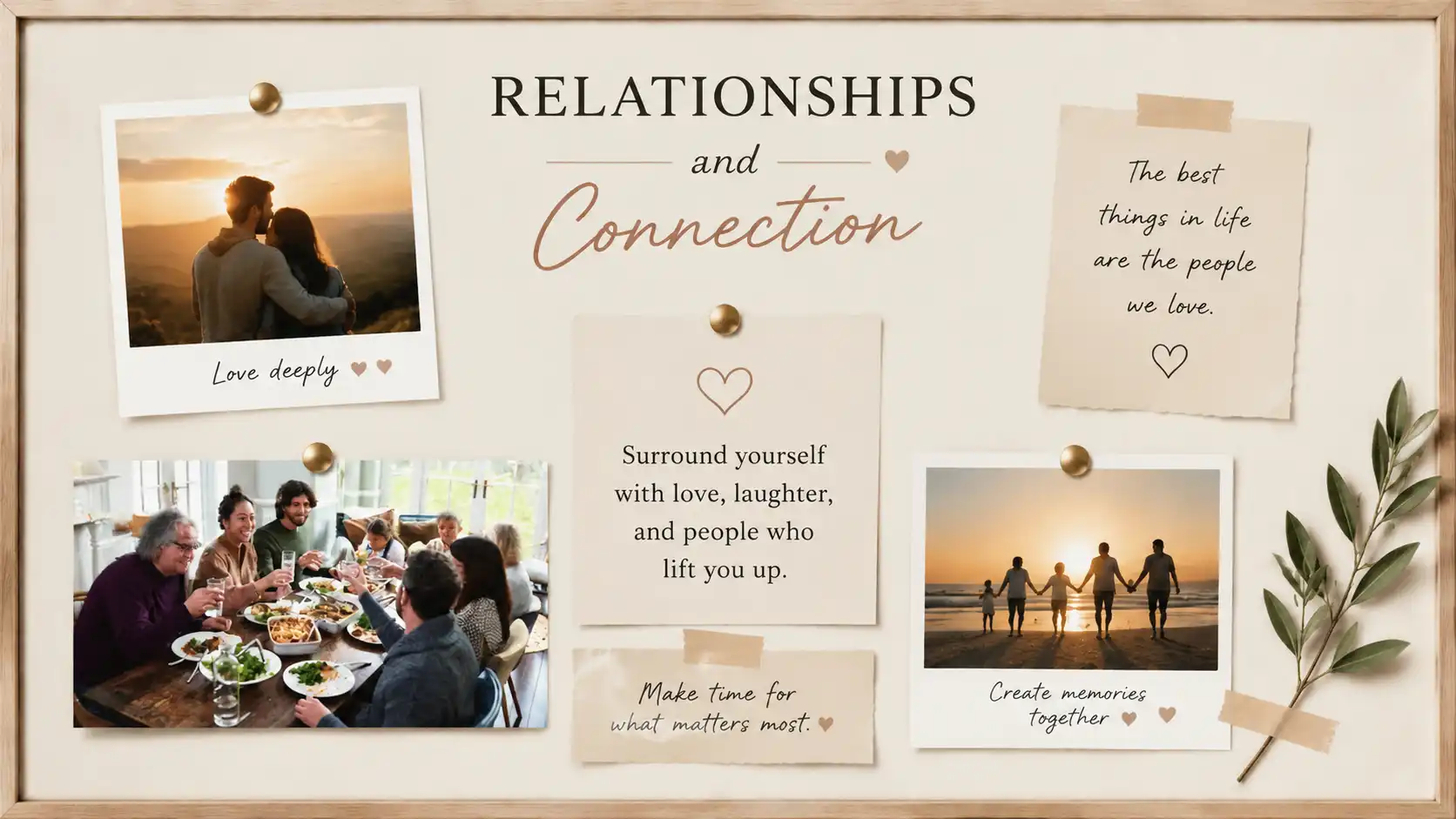 Relationship vision board with warm scenes of shared meals and people laughing